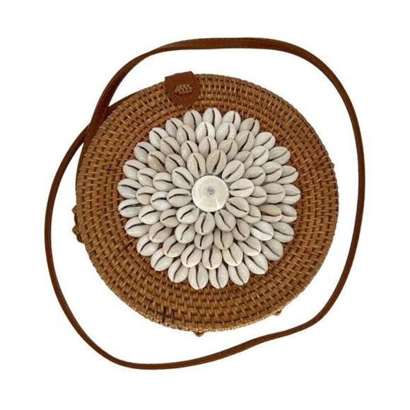 Jelavu Handbags - Jelavu‎ Womens Rattan Floral Shells Round Crossbody Handbag Brown White OS